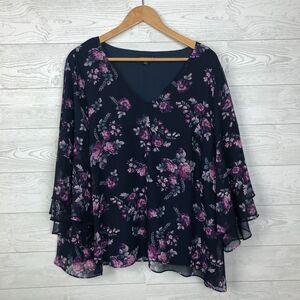 Lane Bryant Womens Floral Print V Neck Blouse Bell Sleeve Blue Purple Size 22/24